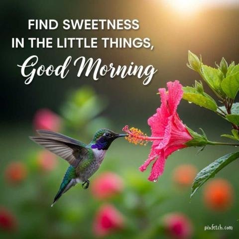 Hummingbird on a pink flower with good morning wishes
