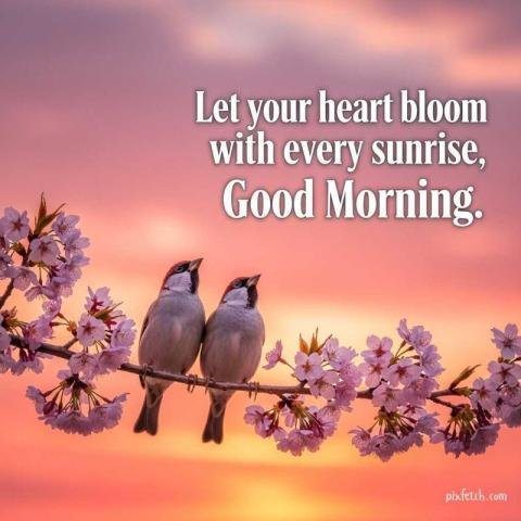 Two birds perched on a branch with good morning wishes
