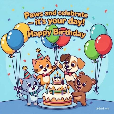 A cheerful birthday card with four cute cartoon animals