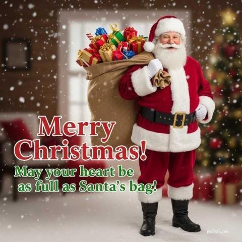 A jolly Santa Claus with a decorated Christmas tree and merry christmas wishes