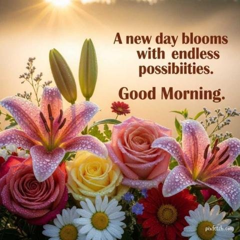 Flowers on sunrise with bright good morning quotes