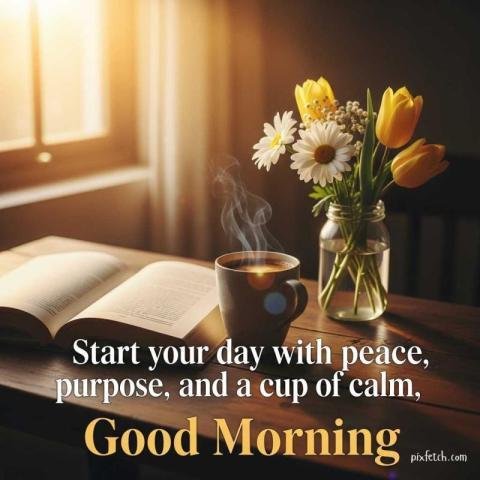 Good morning  wishes image in new style with coffee, flowers and quotes