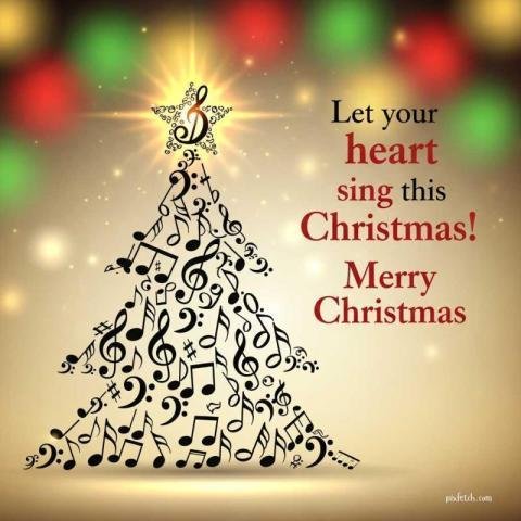 Music notes form a Christmas tree with happy merry Christmas wishes