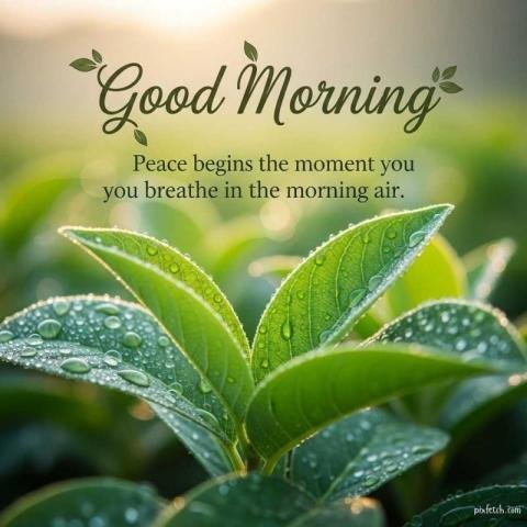 Good morning quote with morning dew on leaves image