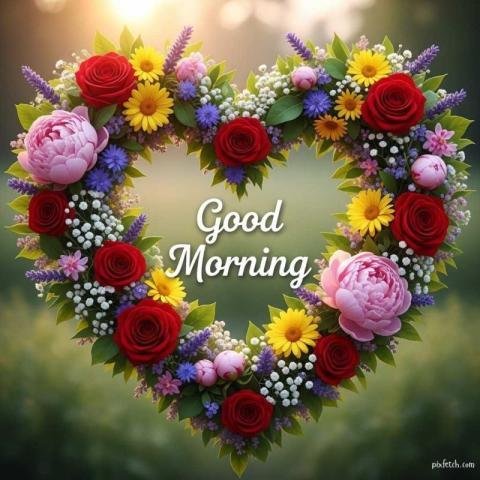 flowers forming the heart shape and good morning wishes inside the frame