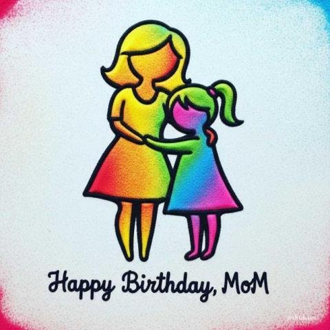 Mom and daughter stick figure with happy birthday wishes