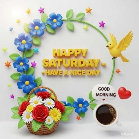 Happy saturday wishes with flowers and coffee