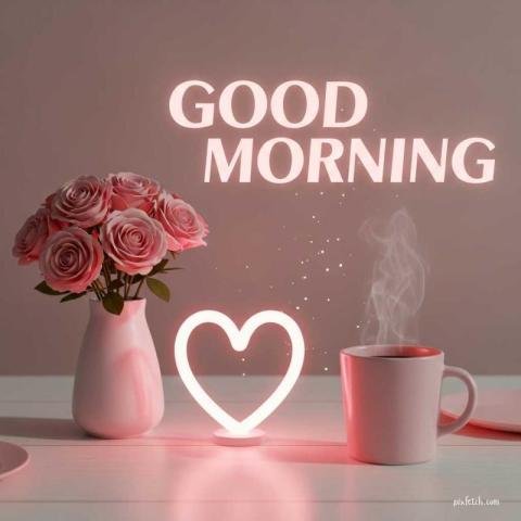 Flower vase with coffee good morning image