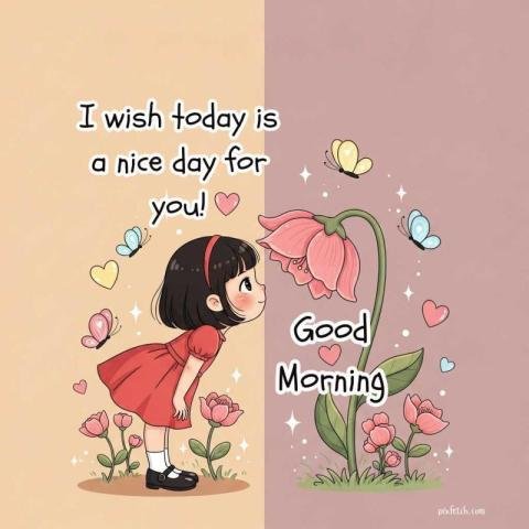 Cute whimsical illustration of a little girl with good morning wishes