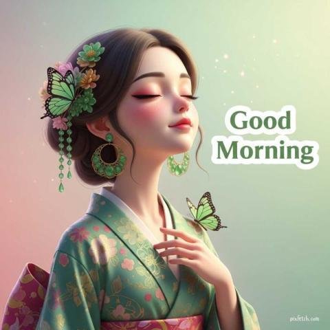 Elegant 3D style cartoon girl with a serene and good morning