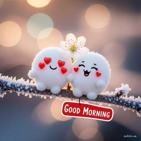 Two small white spherical characters with cute smiling faces and good morning
