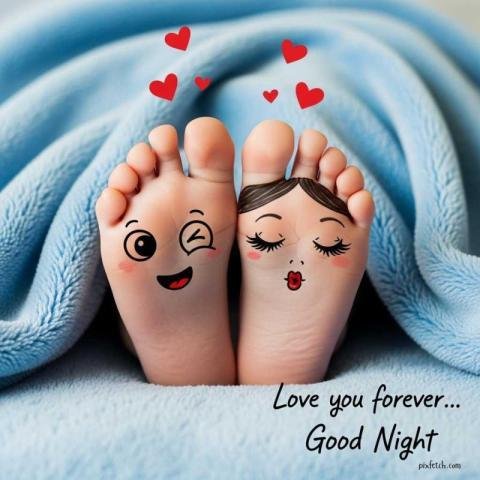 Two small bare feet with face and good night wishes