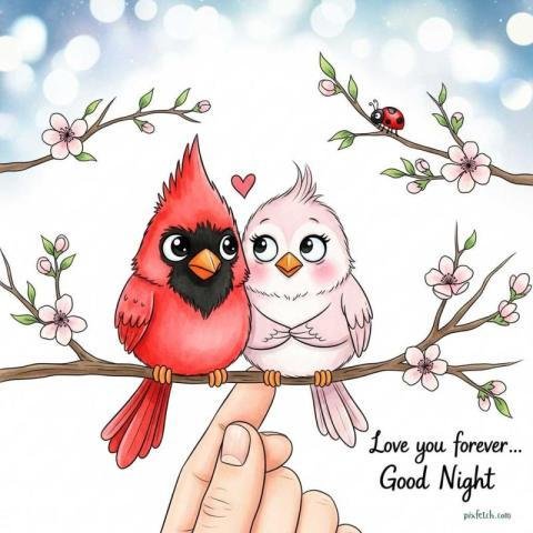 Hand drawn watercolor illustration of two cute cartoon style birds with good night wishes