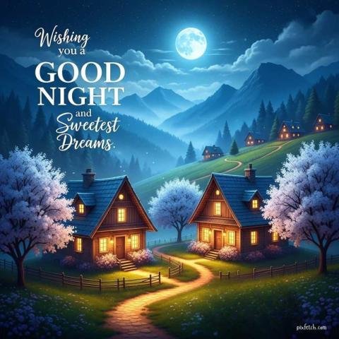Good night wishes for friends with night landscape under a glowing full moon