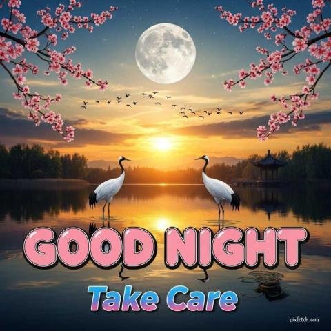 Good night wishes with night landscape at sunset