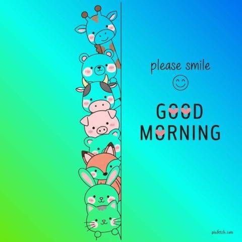 A stack of adorable minimalist cartoon animals peeks out vertically with Good Morning wishes