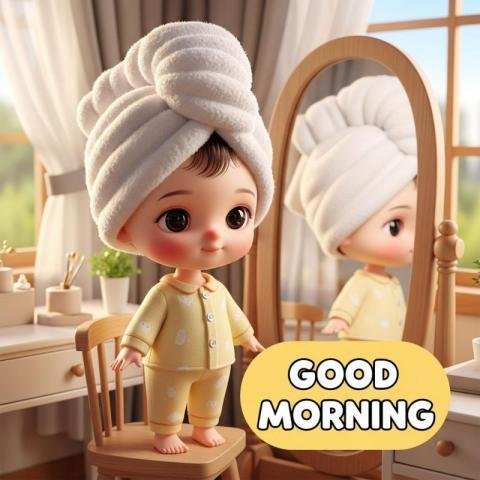 Cute Baby Doll Good Morning Illustration in Cozy Bedroom with Mirror