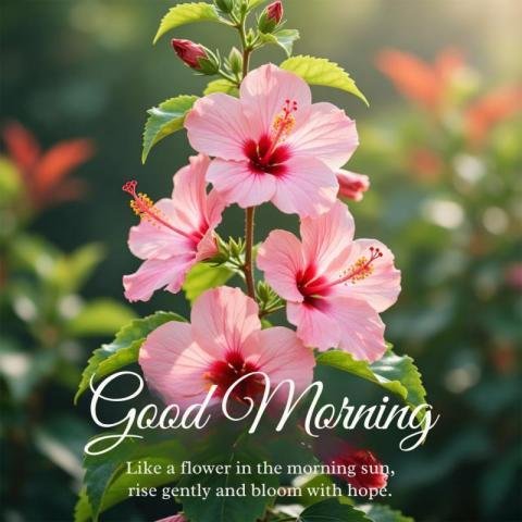 Good Morning Pink Hibiscus Flowers with Inspirational Quote