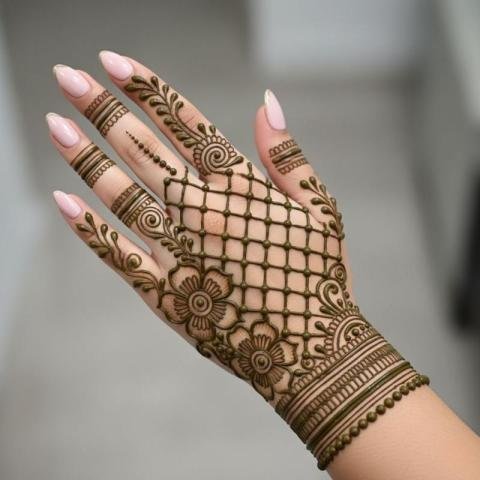 Elegant Floral Grid Mehndi Design for Back Hand