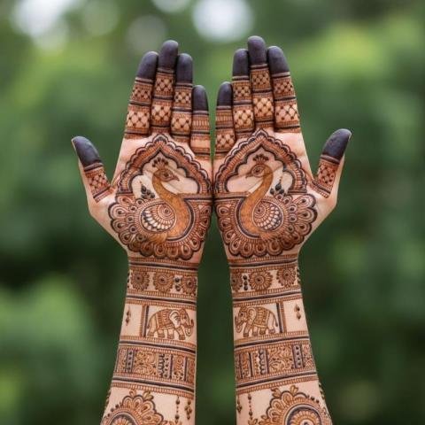 Traditional Bridal Mehndi Design with Peacock and Elephant Motifs
