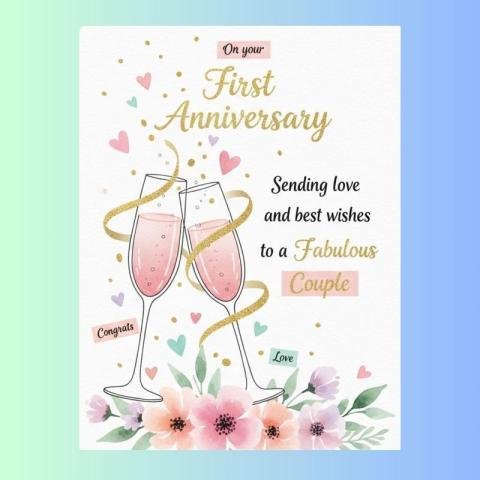 First Wedding Anniversary Wishes Card with Champagne Glasses