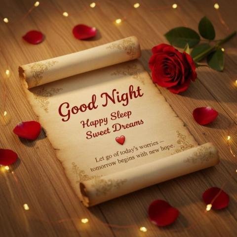 Romantic Good Night Sweet Dreams Message with Red Rose and Vintage Scroll