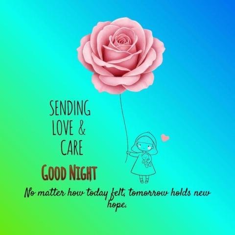 Sending Love and Care Good Night Image with Cute Girl and Rose Balloon