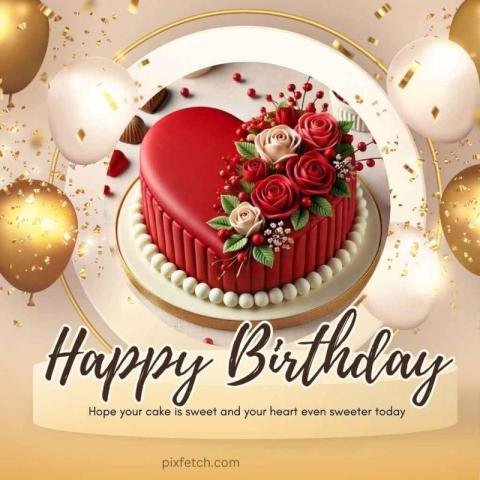 Birthday card with a photo of a heart shaped red velvet cake