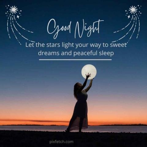 A silhouette of a woman holding a large glowing moon with good night