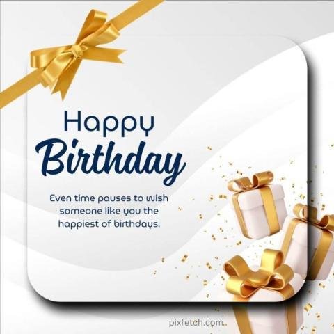 A square birthday card with a gift boxes and golden ribbons