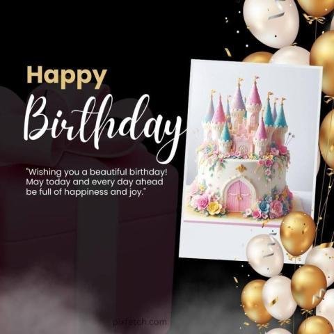 A happy birthday card with a pink and gold castle cake