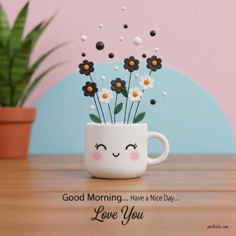 Good morning wishes with a small white ceramic mug with a charming kawaii style face