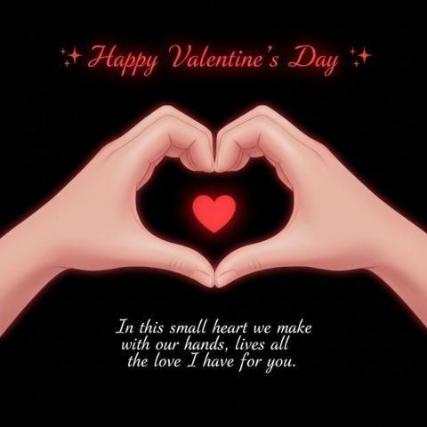 Happy Valentine’s Day Heart Hands Illustration with Romantic Love Quote on Black Background