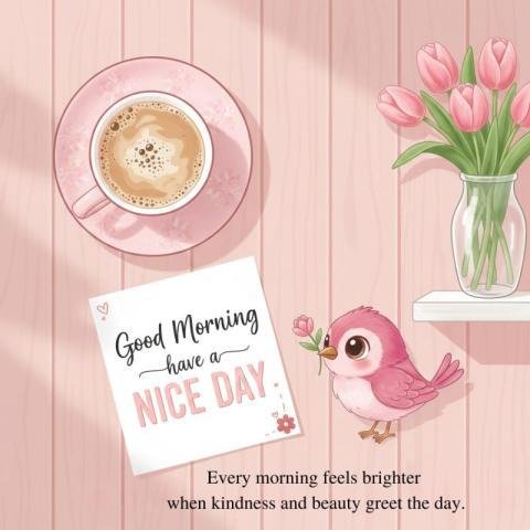 Good Morning Cute Illustration with Coffee Cup, Pink Bird and Tulip Flowers