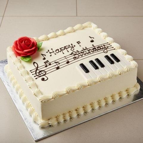 Musical Theme Birthday Cake Design with Piano Keys and Rose Decoration