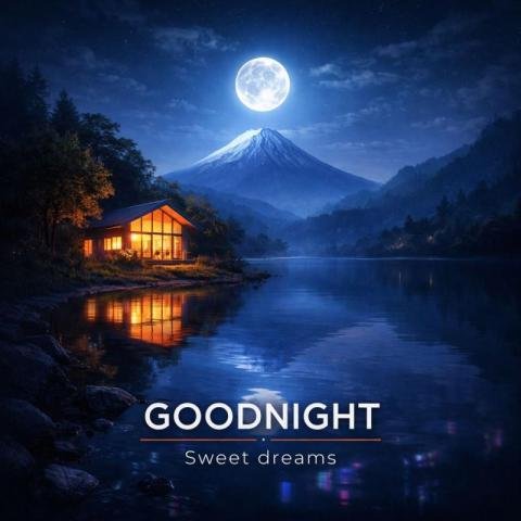 Moonlit mountain lake house good night image