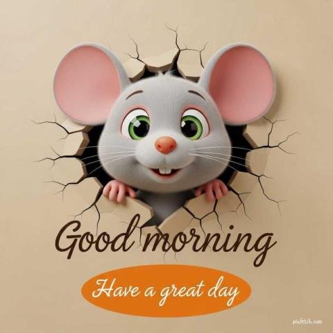 A cute 3D cartoon style mouse character with good morning