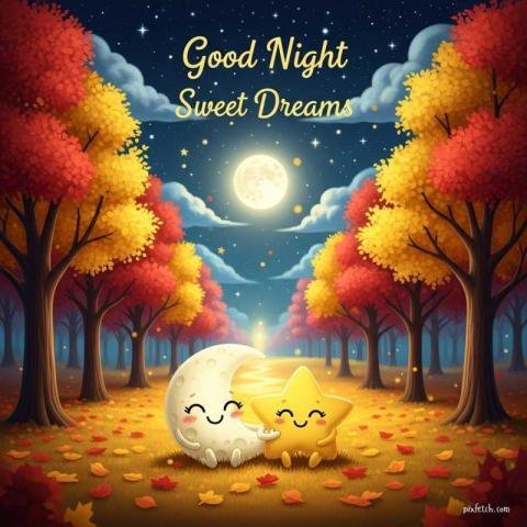 A dreamy, whimsical Good night scene set in an autumn forest