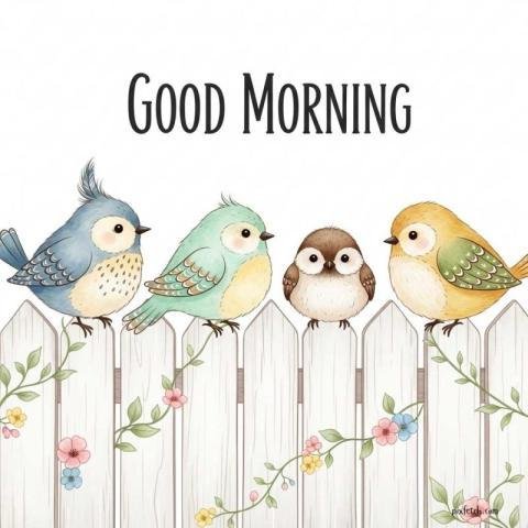 A whimsical watercolor style illustration of birds with good morning wishes