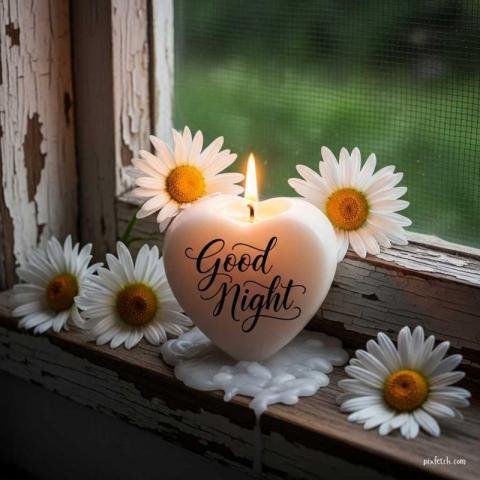 Cozy good night scene with a white heart shaped candle