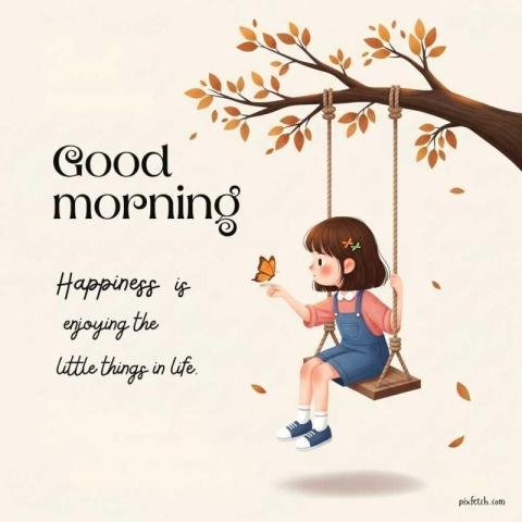 Cartoon style girl sitting on a wooden swing with good morning quotes