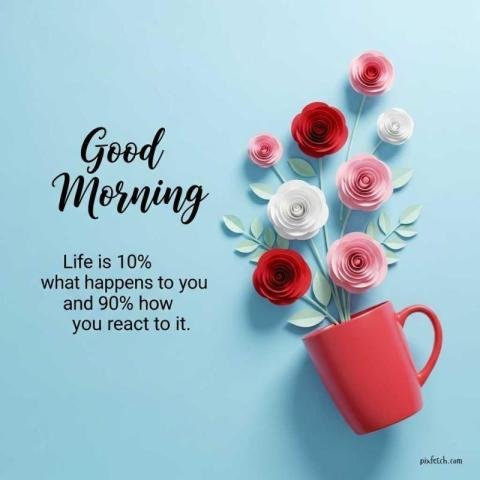 Minimal Good Morning motivational flat lay illustration with bouquet of paper cut roses