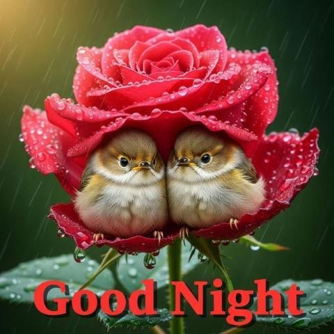 Good Night Image with Cute Birds in Red Rose – Romantic Nature Night Greeting