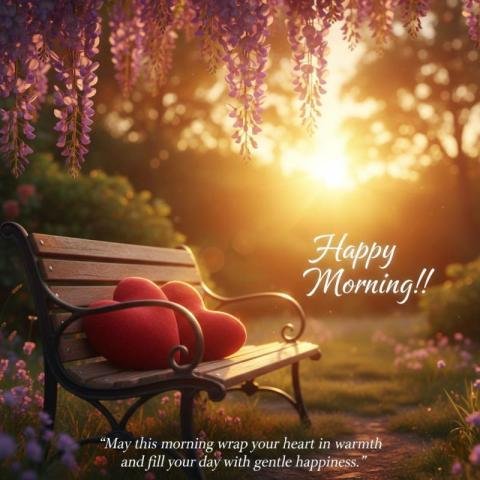 Happy Morning Image with Heart on Bench & Golden Sunrise
