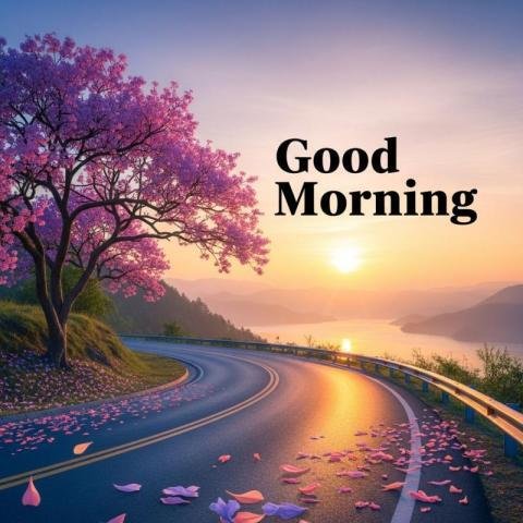 Good Morning Sunrise Landscape with Pink Blossom Tree and Scenic Road