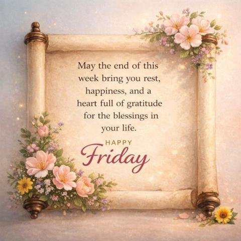 Happy friday blessings scroll image with flowers
