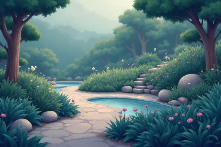 Landscape featuring a winding stone path with lush greenery and vibrant flowers