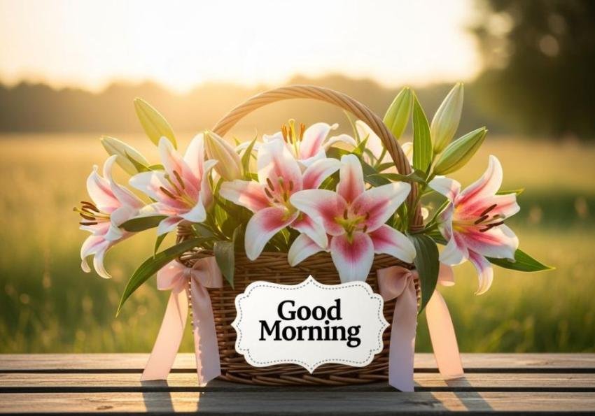 Good Morning Floral Basket with Pink Lilies in Sunrise Meadow Background