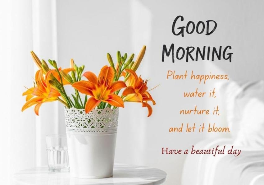 Good Morning Flower Quote with Orange Lilies in White Vase