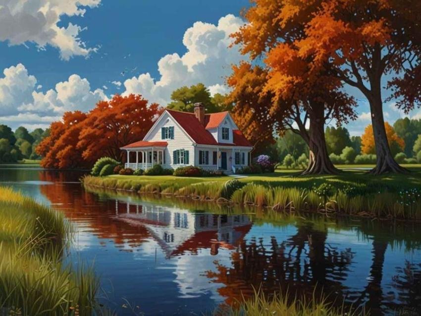 A stunning autumn landscape image featuring a charming white cottage